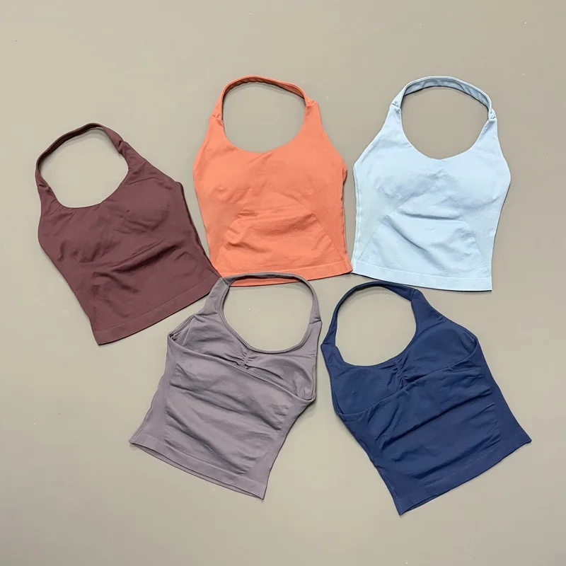 HISTELLO Impact Halter Top Women Backless Push Up Seamless High Support Bust Lift Slim Fit Gym Pilates Fitness Sports Vest