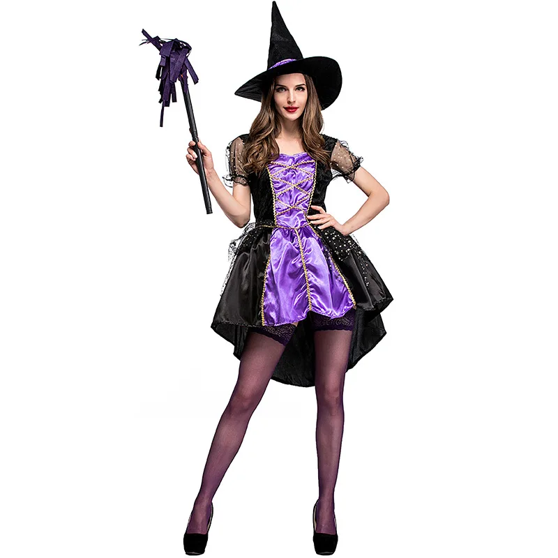 Adult Witch Costumes Women Tailcoat Dress Purple Swallowtail Clothes for Halloween / Xmas Party Coser