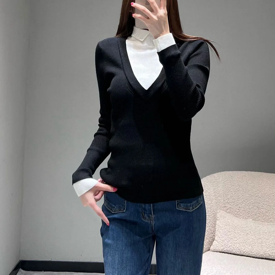 

New Fashion Vintage Contrasting Patchwork Wool Knit Pullover Women Lapel Long Sleeve Slim Fit Basic Elegant Lady Sweater Jumper