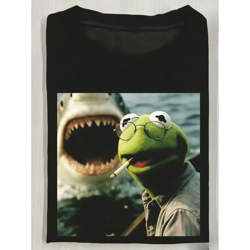 Featuring Kermit The Frog and Shark Designs- A Plush Toy Design Casual Shortsleeved T-shirt Suitable for Casual Attire Durable