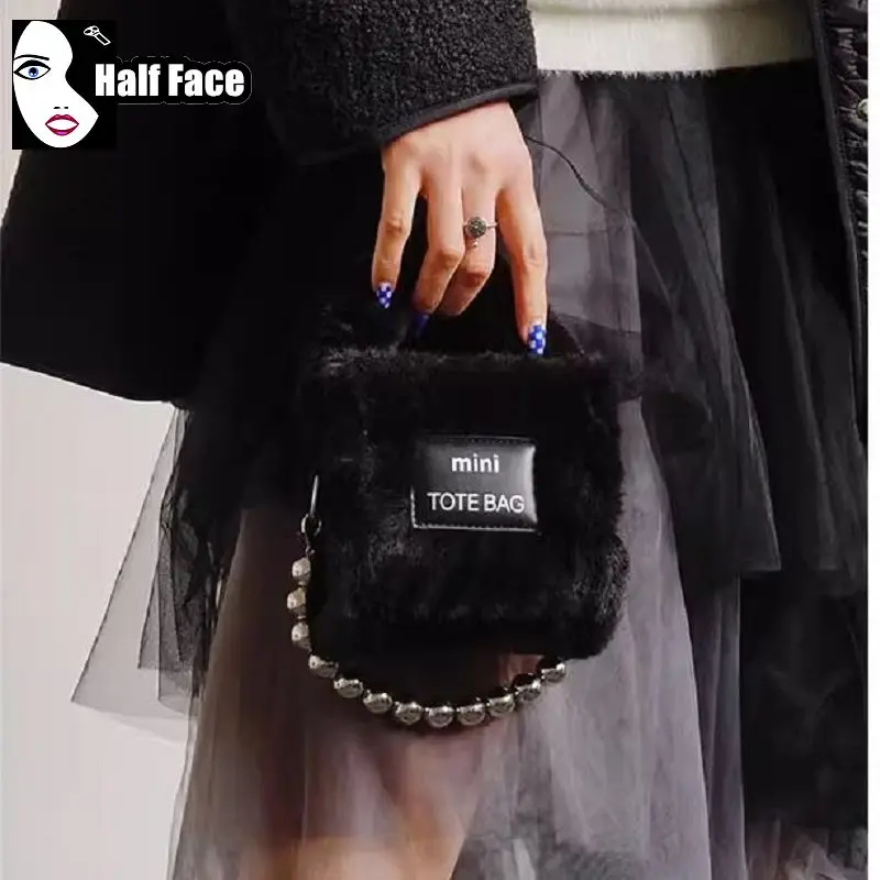 Y2K dziewczęce Harajuku damskie gotyckie jesienne torba zimowa Punk z jednym ramieniem zaawansowana futrzana Lolita Mini torba typu Crossbody z