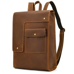Genuine Leather Double Shoulder Backpack Bag Men Women Vintage Leather Backpackbag 15 16 Inch Laptop Bag Crazy Horse Leather