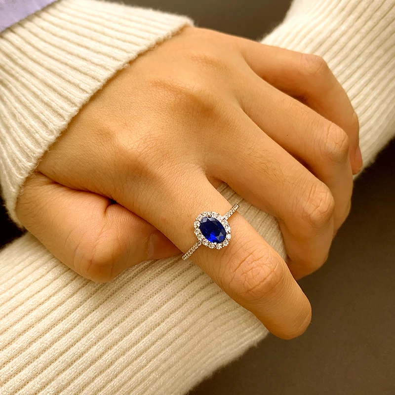 Fashionable High-end Authentic S925 Silver Four-claw Flower Round Oval Sapphire Geometric Engagement Bride Gift Jewelry