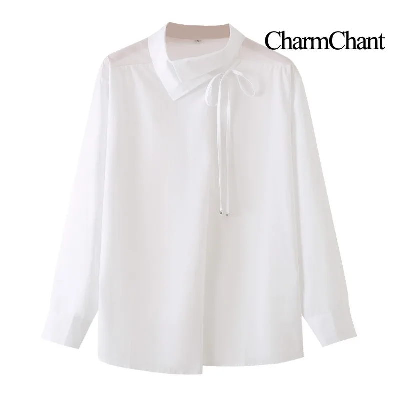 CHARMCHANT Women's Cotton Tie Detail Shirt Irregular Collar Long Sleeve Loose Blouse Elegant Office Daily Casual 2026 Autumn