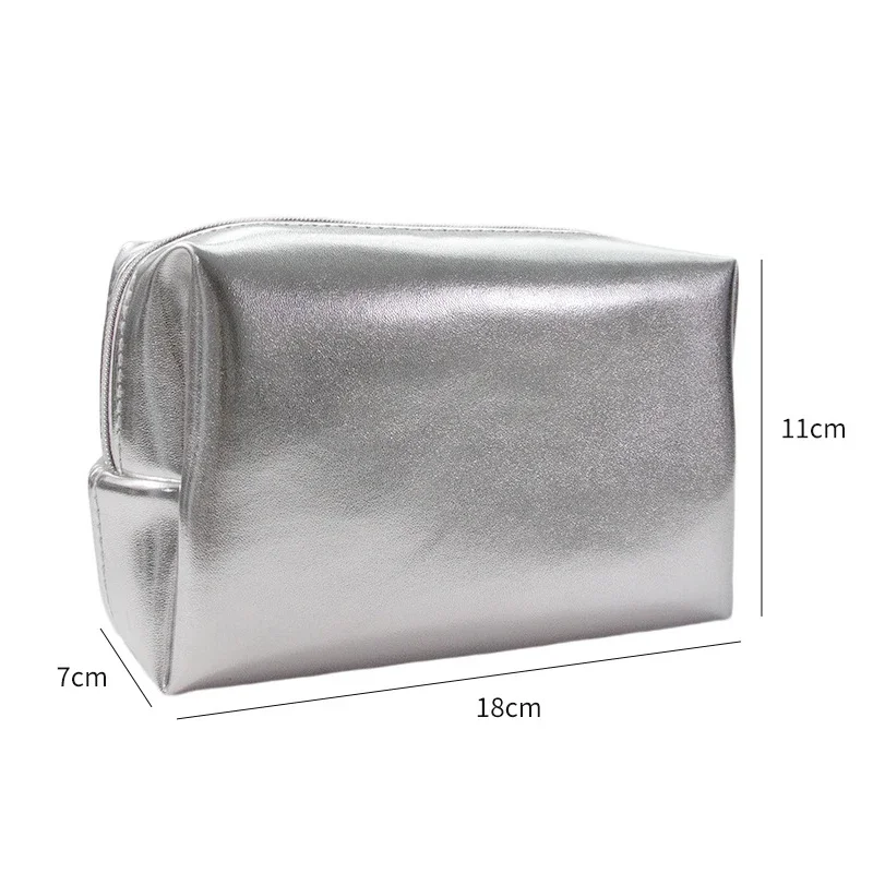 Women Fashion Silver Leather Waterproof Clutch Cosmetic Bag Travel Portable Bathroom Organizer Storage Makeup Bag Toilet Pouch