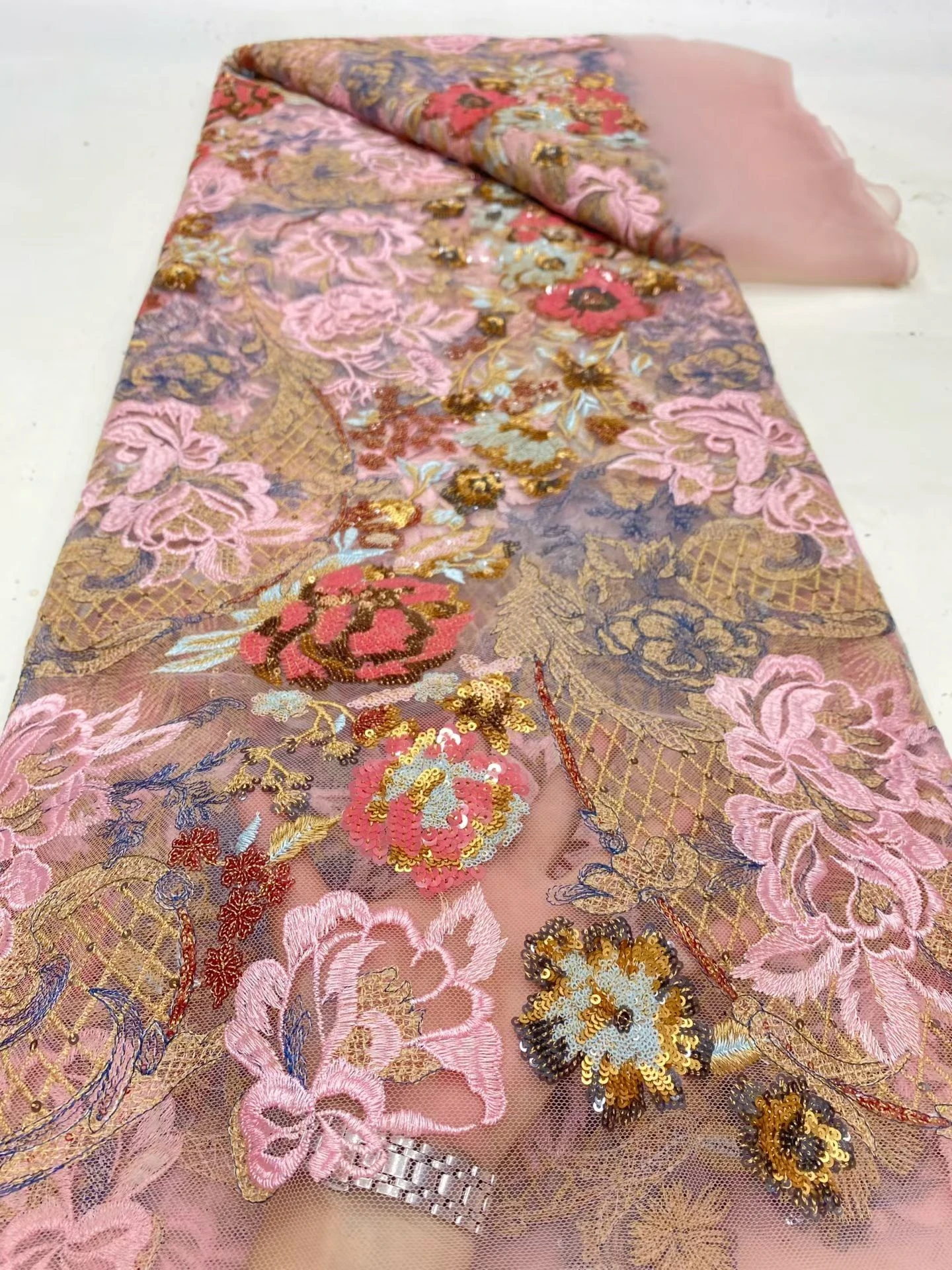 

Latest 2025 High Quality African Nigerian With Tulle Sewing Lace Fabric Guipure Embroidery Beads Dresses Sequins 5Yards DP0473