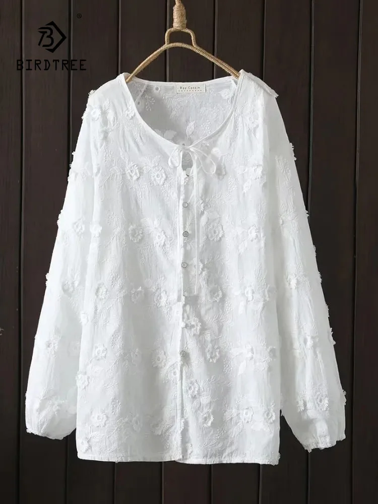 

New 2026 Spring Cotton Long Sleeve Shirt, Women O Neck 3D Floral Embroidery, Mori Girl French Design Sense Loose Blouse T5D528CC