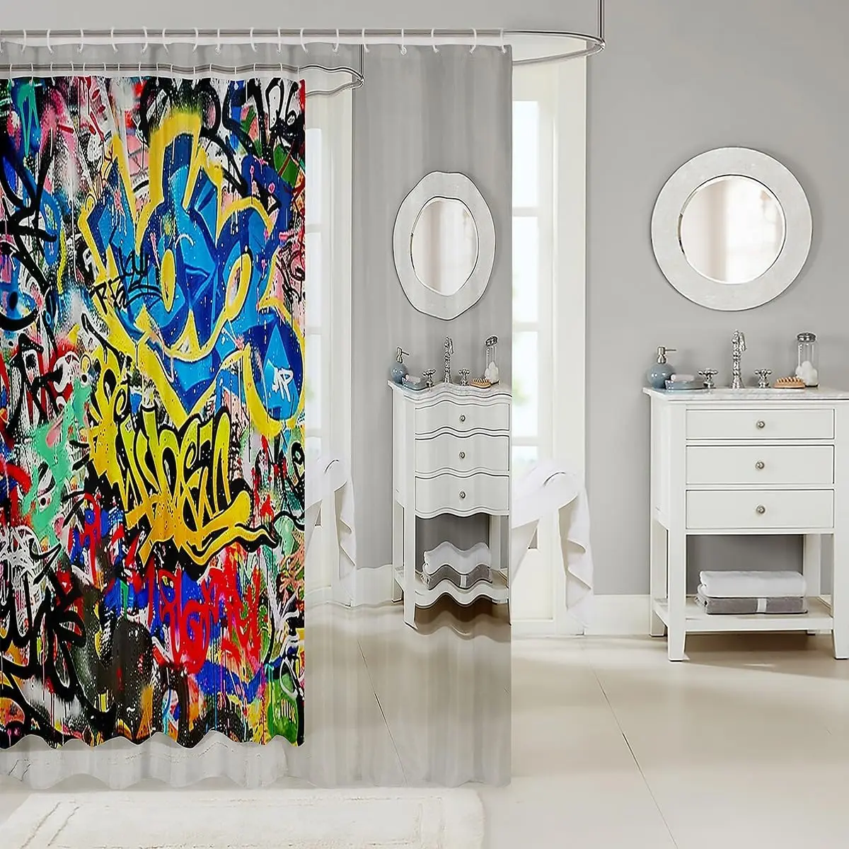 Abstract Graffiti Shower Curtains,Colorful Hip Hop Painting Bath Curtain,Modern Cool Hand Draw Waterproof Fabric Curtain with