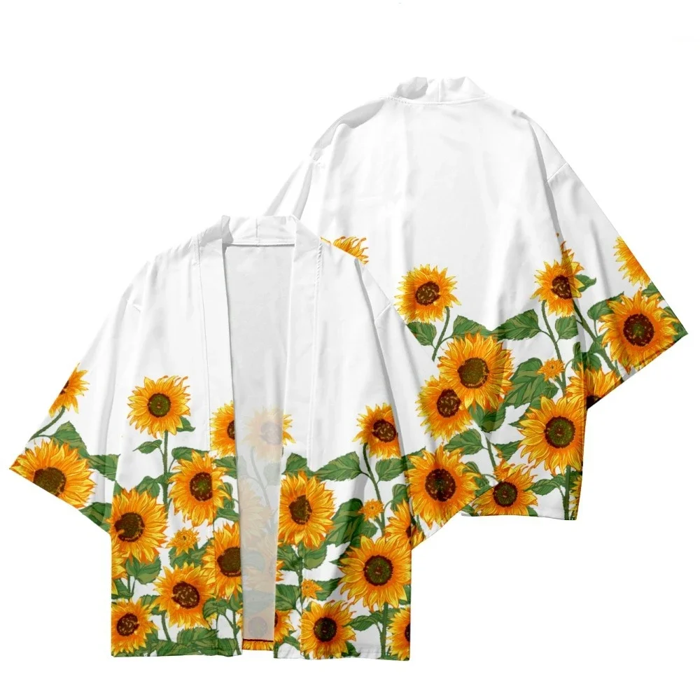 Kardigan motif bunga matahari Jepang Kimono tradisional Haori wanita pria Harajuku Yukata baju atasan busana pantai Cosplay Streetwear