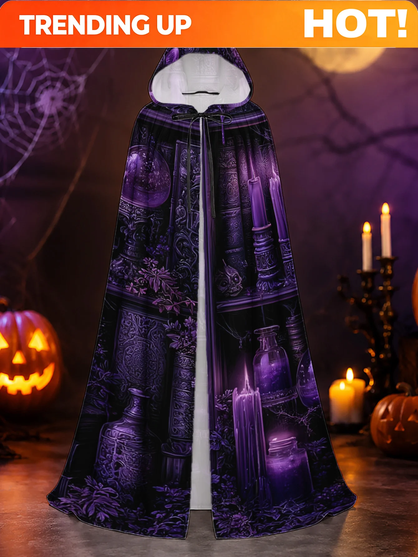 Customization 1pc, Full-Length Cloak With Gothic Purple Candle Shelf Elements Adult Polyester Hooded Cape, Perfect For Halloween
