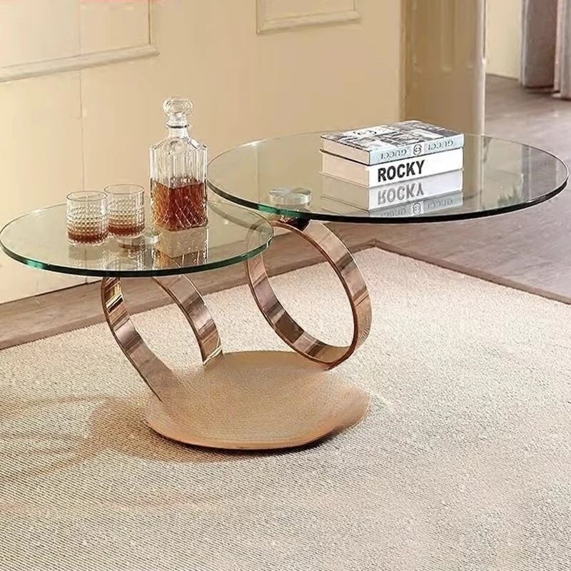 

Modern Multifunctional Coffee Table Double Tempered Glass Top Rotating Round Design Living Room Dining Room Family