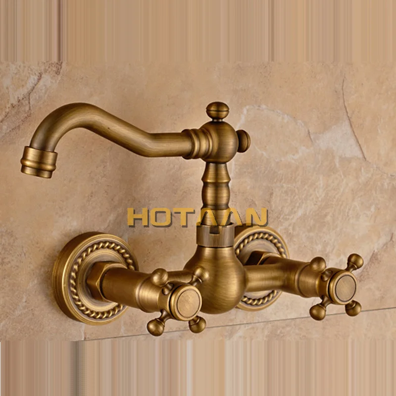 Basin Faucets Antique Brass Wall Mounted Kitchen Bathroom Sink Faucet Dual Handle Swivel Spout Hot Cold Water Tap with tow pipe