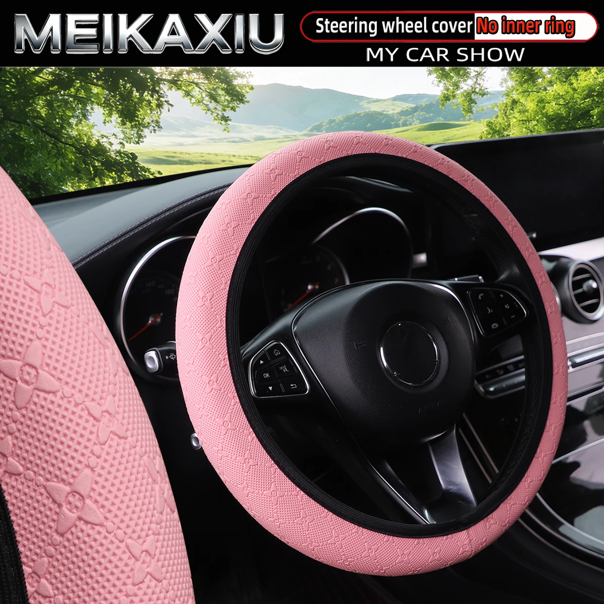 Women's Star-Embossed 3D PU Leather Car Steering Wheel Cover Rimless Auto Accessory Compatible with 14.5-15 Inch Wheels