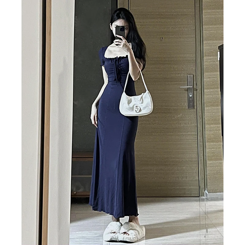 2024 Summer Short Sleeve Sexy Wrapped buttocks Trumpet Mermaid Long Dress for Women French Slim Fit Temperament Elegant Dress