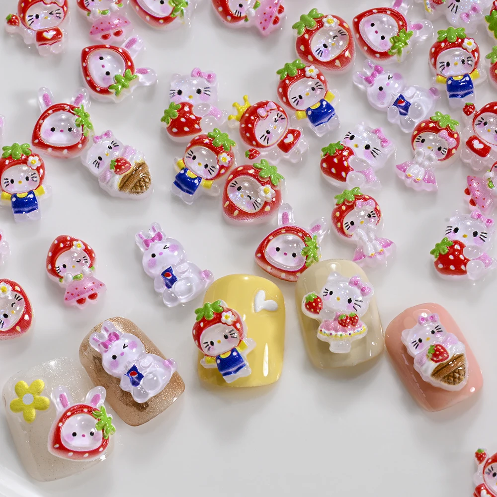 50 個かわいいイチゴヘッド KT 猫ネイルアートチャーム 3D イチゴハローキティネイルアート装飾グリッター樹脂 DIY ラインストーン