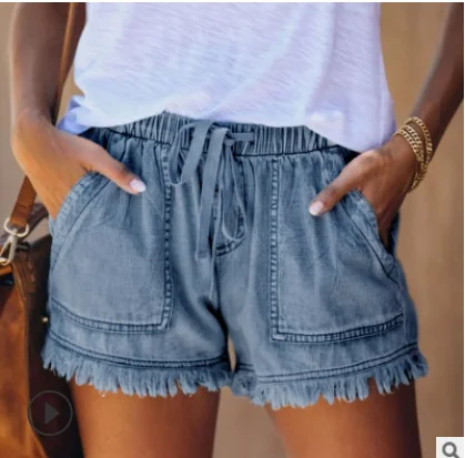 

Women's Aesthetic Denim Shorts Elastic Waist Frayed Hem Casual Thermal Shorts Relaxed Fit Short Jeans With Pockets Dark Sky Blue