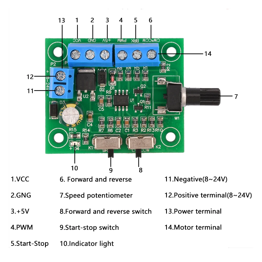 Controlador de velocidad del Motor de CC sin escobillas DC8-24V, placa de Control de velocidad PWM, Control hacia adelante y hacia atrás con interruptor frontal/lateral
