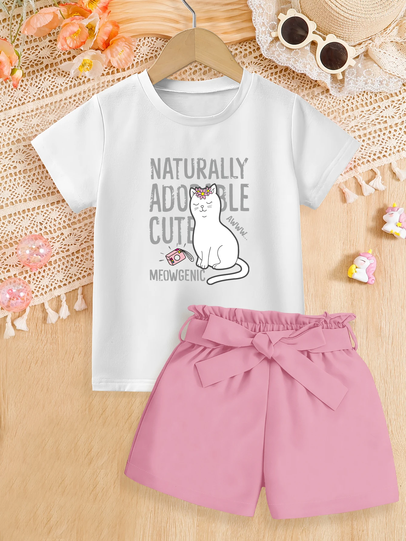 2 pieces: Summer Girls Set Cute Cartoon Beauty Cat English Print T-shirt Woven Bow Shorts