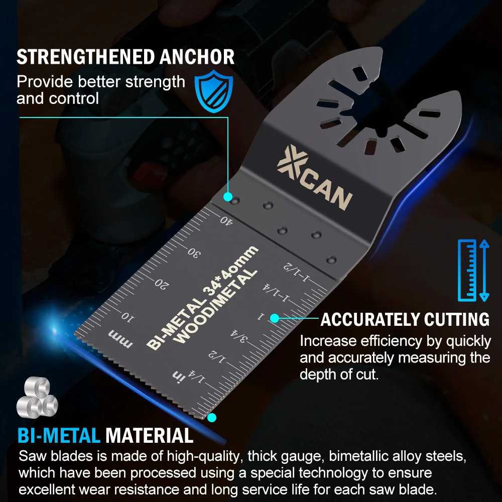 XCAN-hojas de sierra oscilantes de 34x40mm, multiherramienta oscilante de liberación rápida, hoja de sierra para madera, plástico, herramientas de corte de Metal
