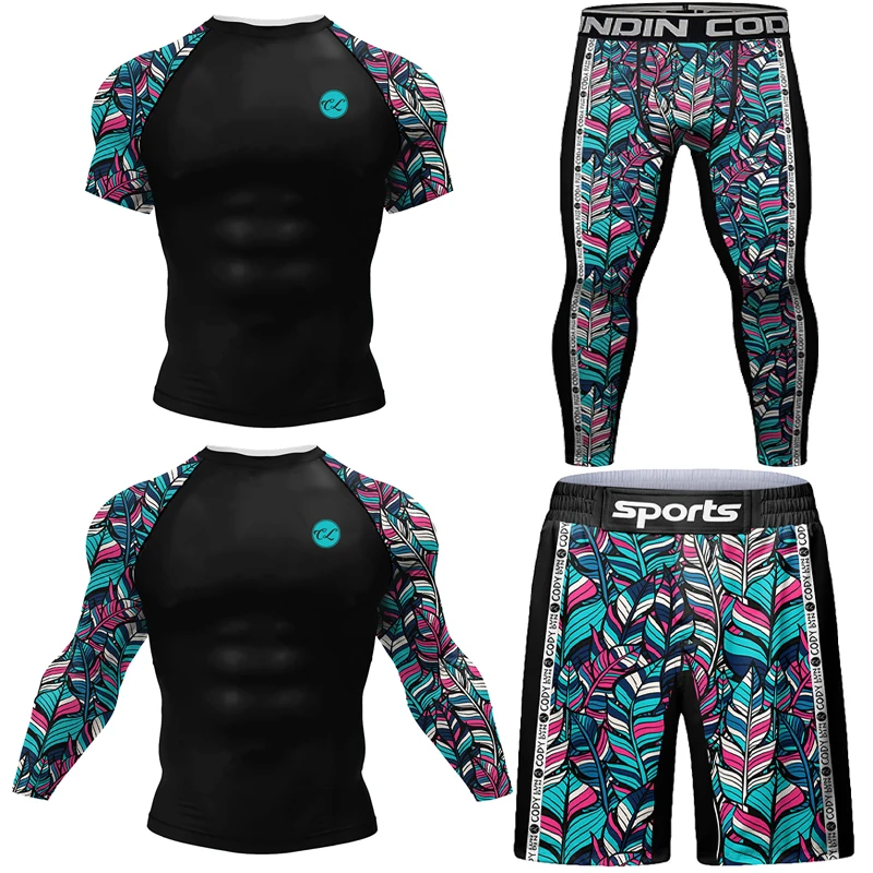 Sportowe Jiu Jitsu BJJ Rash Guards T-shirt + spodnie Zestawy męskie BJJ No GI MMA Ranked Boxing Kompresyjna warstwa podstawowa Rashguard Odzież