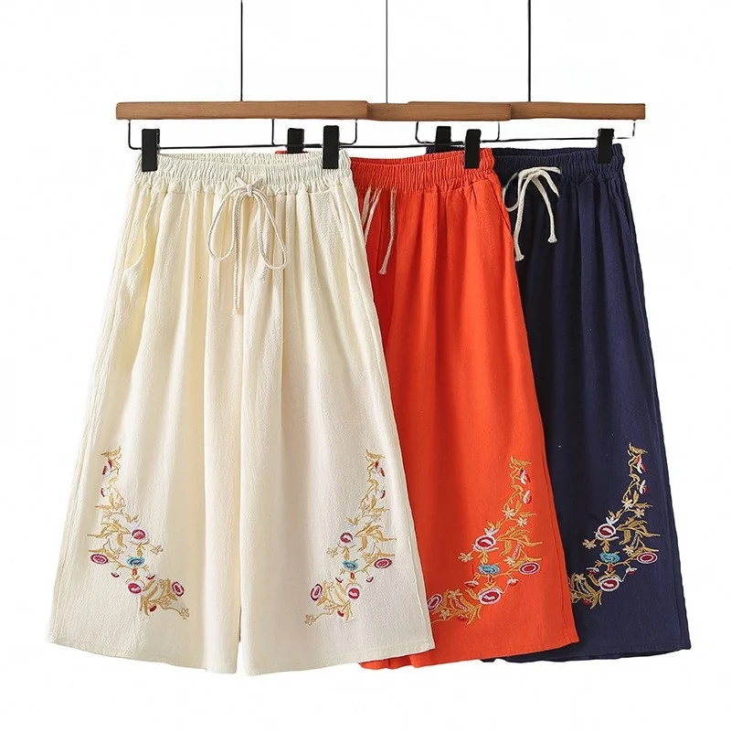 

Новые летние женские брюки больших размеров с этнической вышивкой из хлопка и льна, широкие, повседневные, свободного кроя