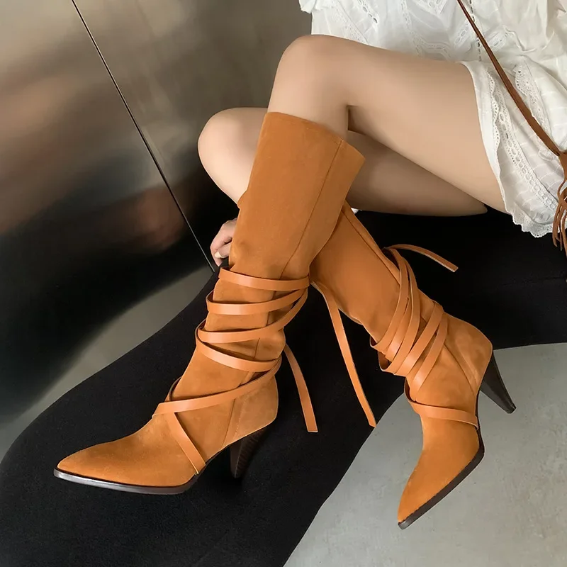 Pointed-Toe Chunky Tapered Heel Boots Nubuck Lace-Up Rider Botines Catwalk Women Knee High Botas Femininas Zapato De Tacon