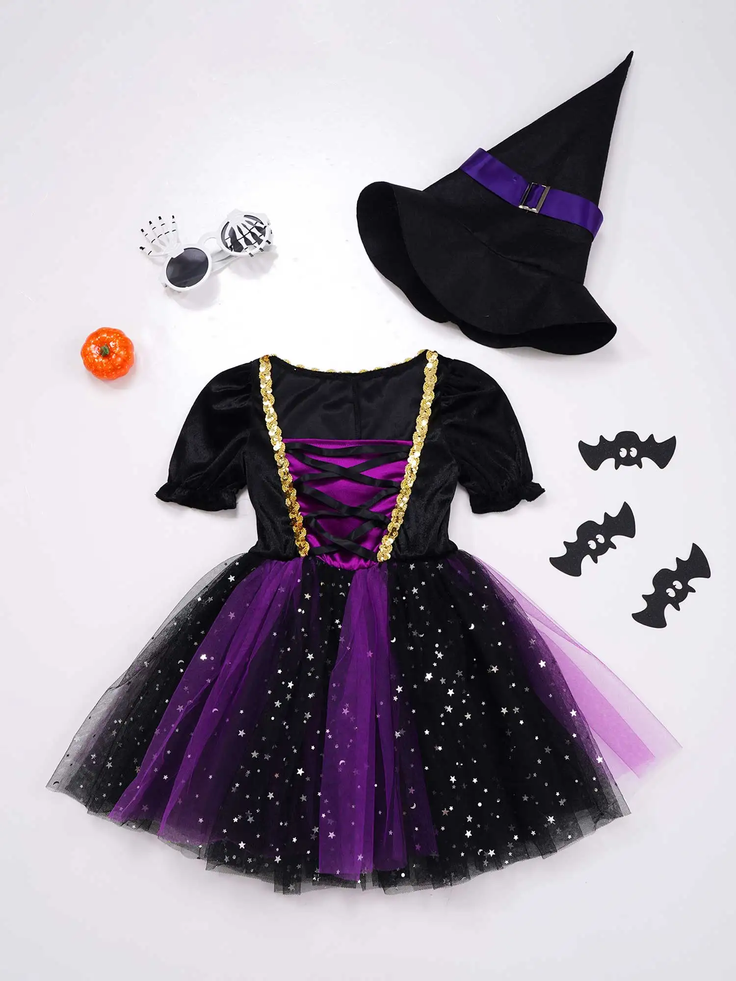 Kids Girl Witch Costume Halloween Cosplay Glittery Mesh Ballet Dance Tutu Short Sleeve Party Dress with Pointed Hat Carnival Set