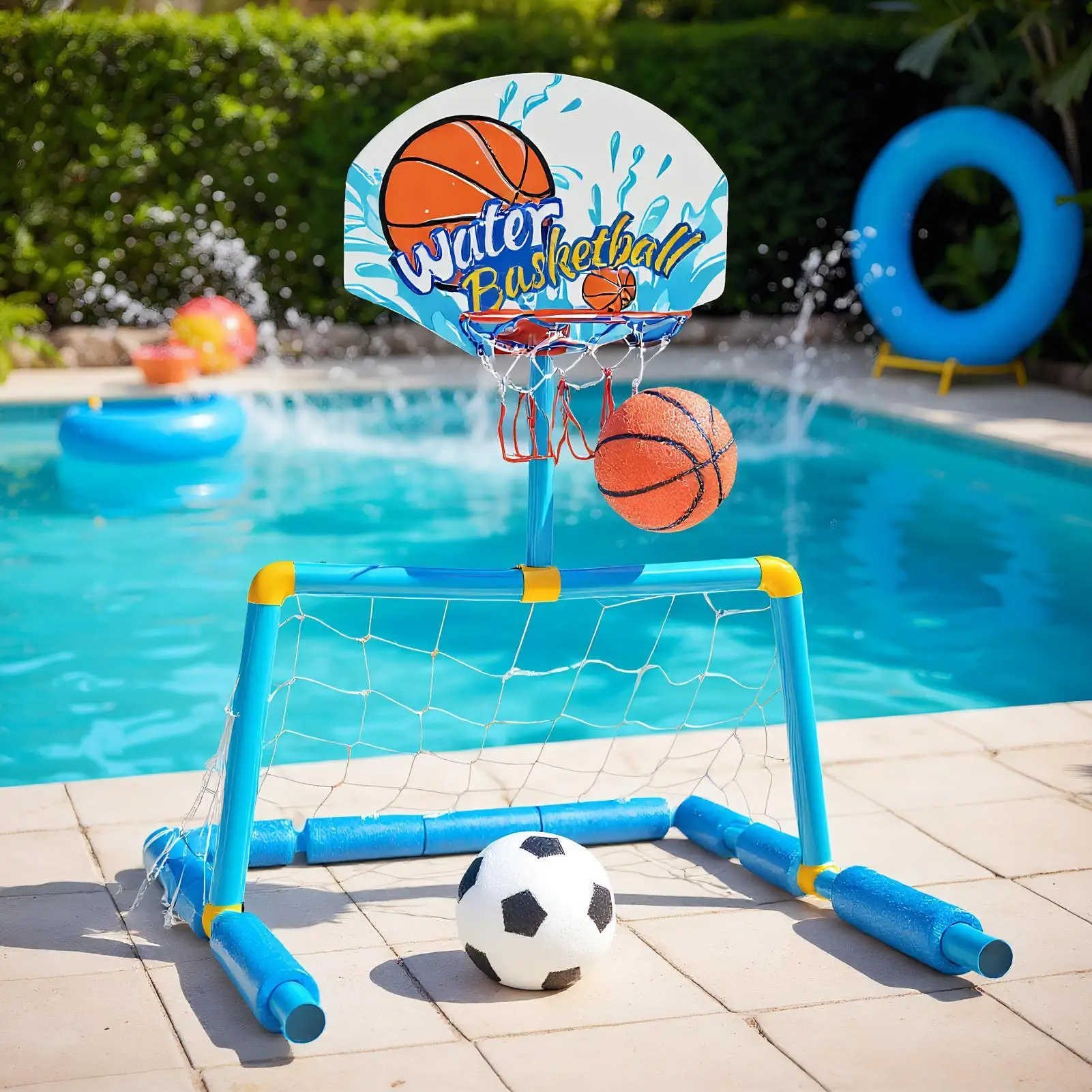 But de basket-ball flottant 2 en 1, but de Football avec 2 balles et 1 pompe, jouet interactif pour jeu d'eau, cerceau de basket-ball pour