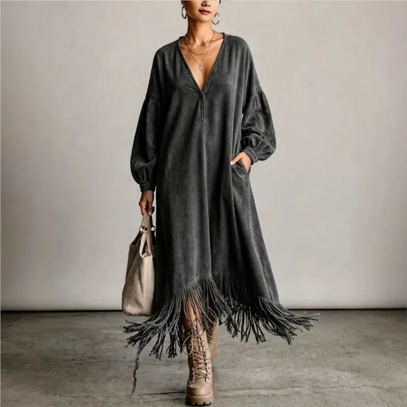 Retro Solid Color Women's Loose Dress Autumn Fashion V-neck Tassel Hem Design Dresses Ladies Vacation Style Vestidos With Pocket