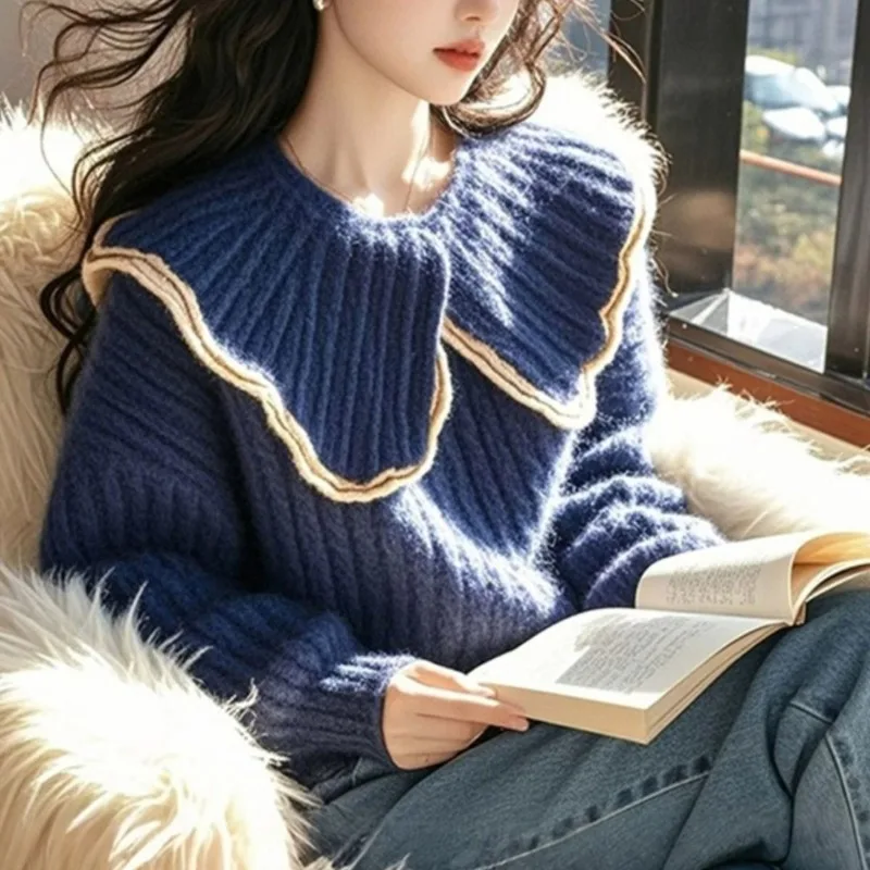 

Сплошной цвет, пуловер с длинными рукавами, кукольный воротник, женский осенне-зимний нить, повседневный модный свободный свитер, вязаный топ