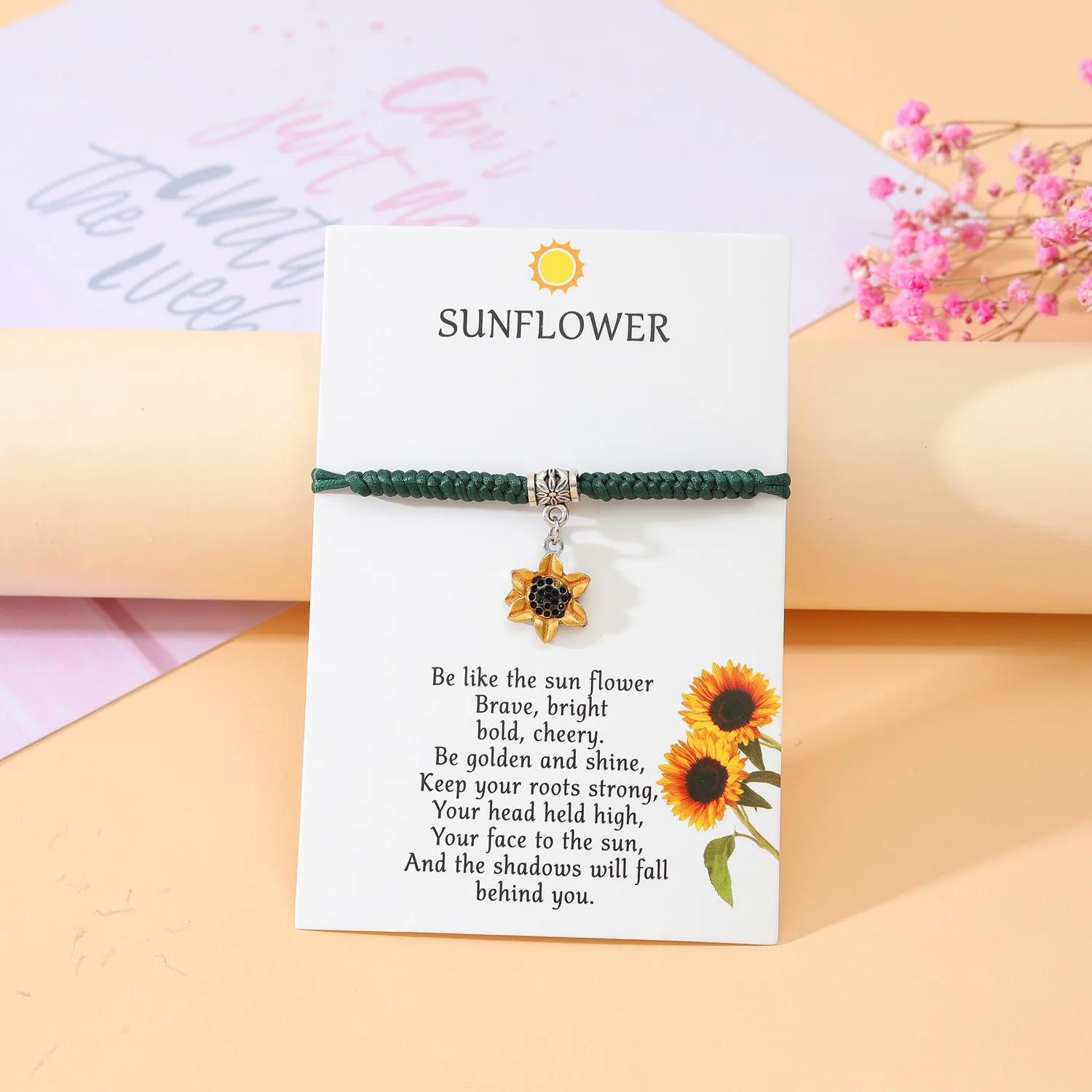 Wholesale of New Simple Sunflower Inspirational Bracelet Alloy Oil Dropping Sunflower Weaving Hand Rope