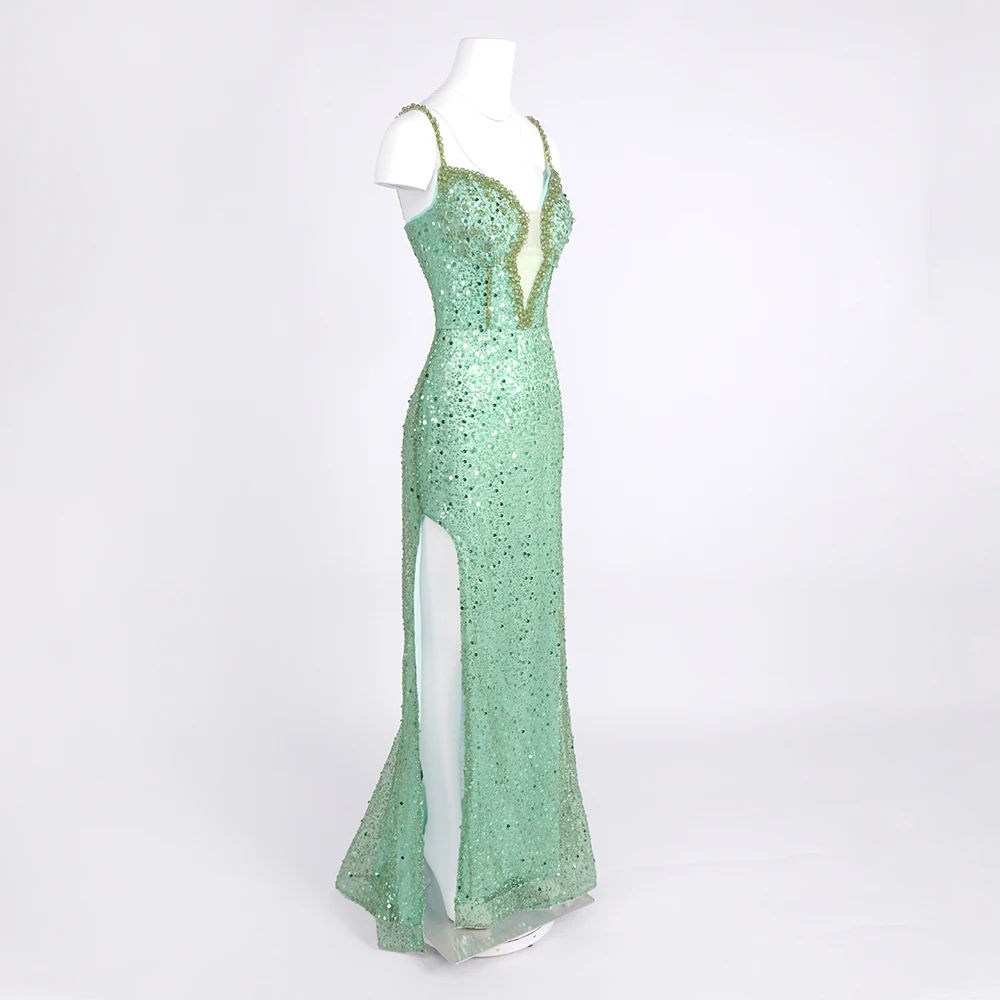 VC Lebhaftes grünes Meerjungfrauenkleid, ärmelloses Spaghettiträgerkleid mit V-Ausschnitt und hohem Schlitz für formelle Date-Nacht