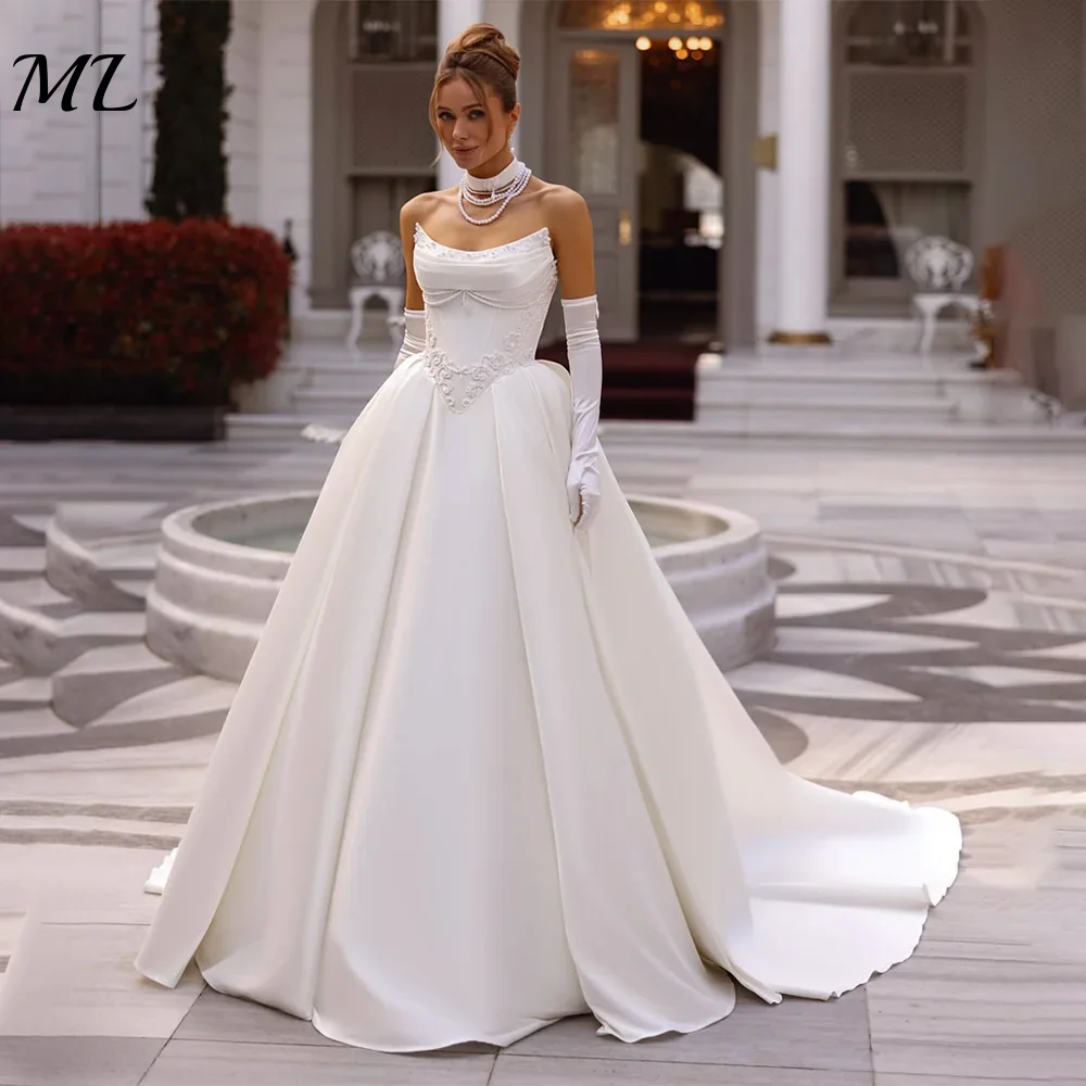 

ML Fashion Strapless Lace Appliques A-Line Satin Bridal Gown Back Corset Evening Wedding Dress Customizable Size And Color 2026