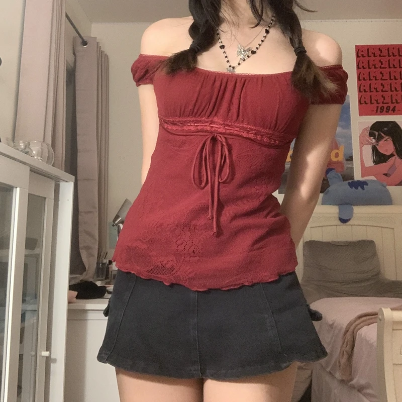 Elegant Lady Square Collar T-shirt Kawaii Bow Short Sleeve Pullovers Tees Y2K Vintage Fairy Women Crop Top Retro Clothes