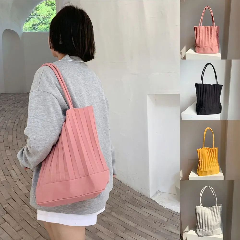 Solid Color Pleated Bucket Bag Fashionable Silk Niche Design Texture Underarm Bag Korean Style Tote Bag Shoulder Bag Outdoor