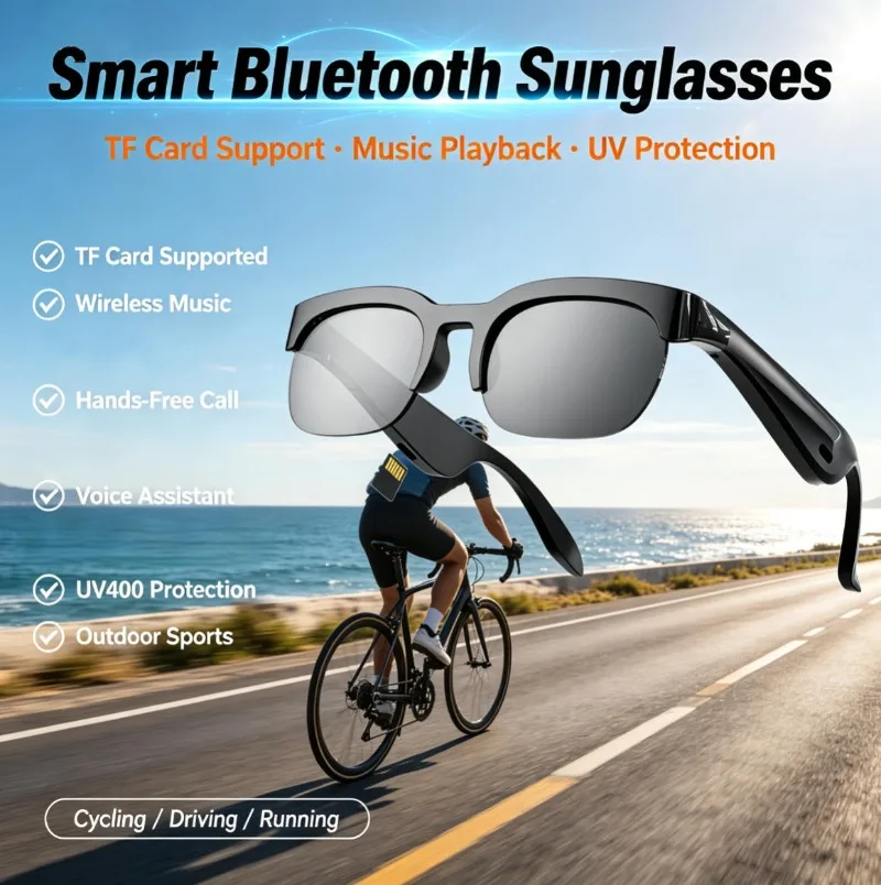 Unisex Wireless Smart Sunglasses Open‑ear Audio Touch Control Voice Assistant Bluetooth Call For Daily Outdoor Use