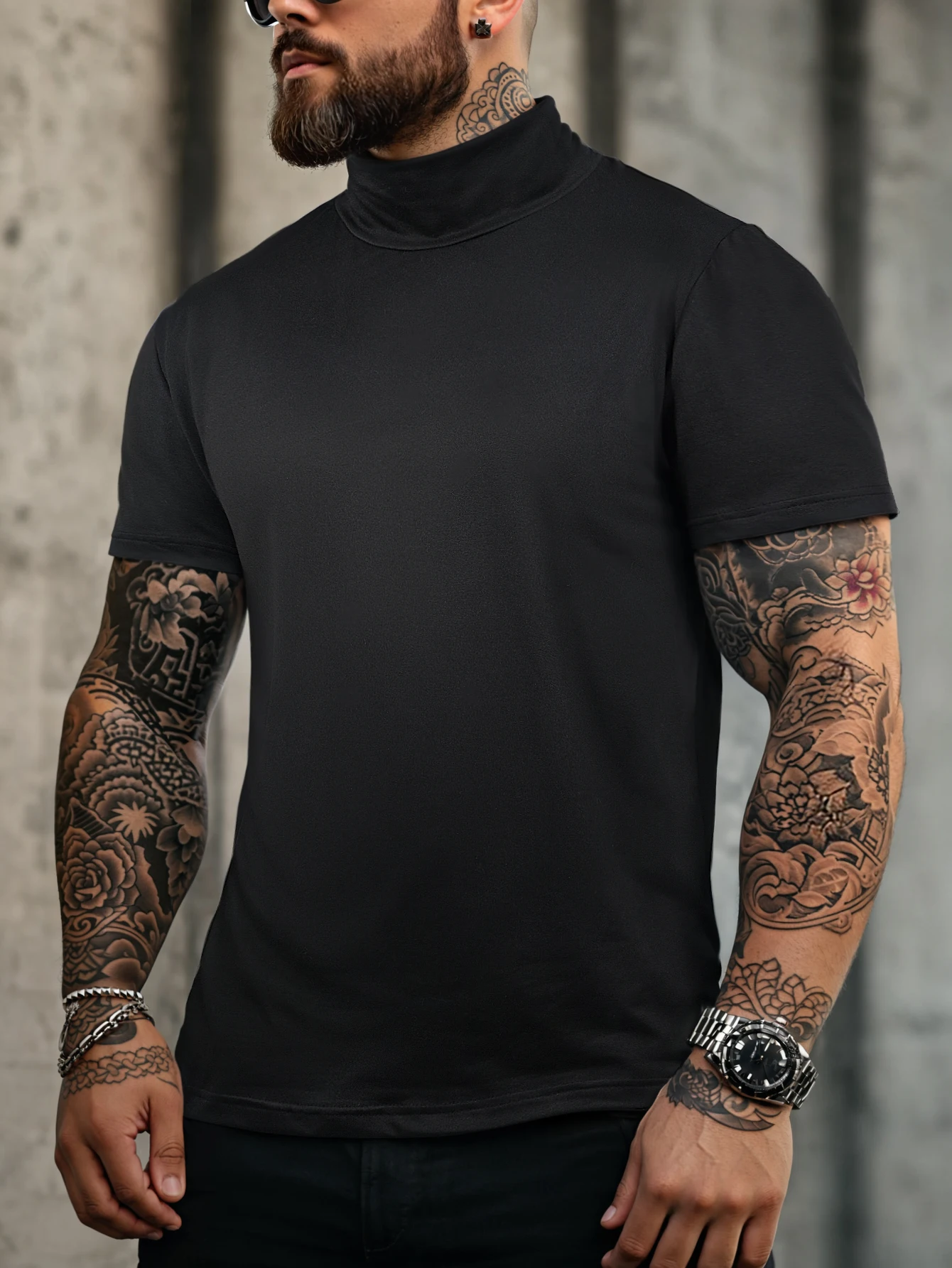 GELITAYIN New Bottom Shirt Tees Tops Men Summer Casual Sports Workout Daily Plain High Neck Short Sleeve T-shirt Male Streetwear