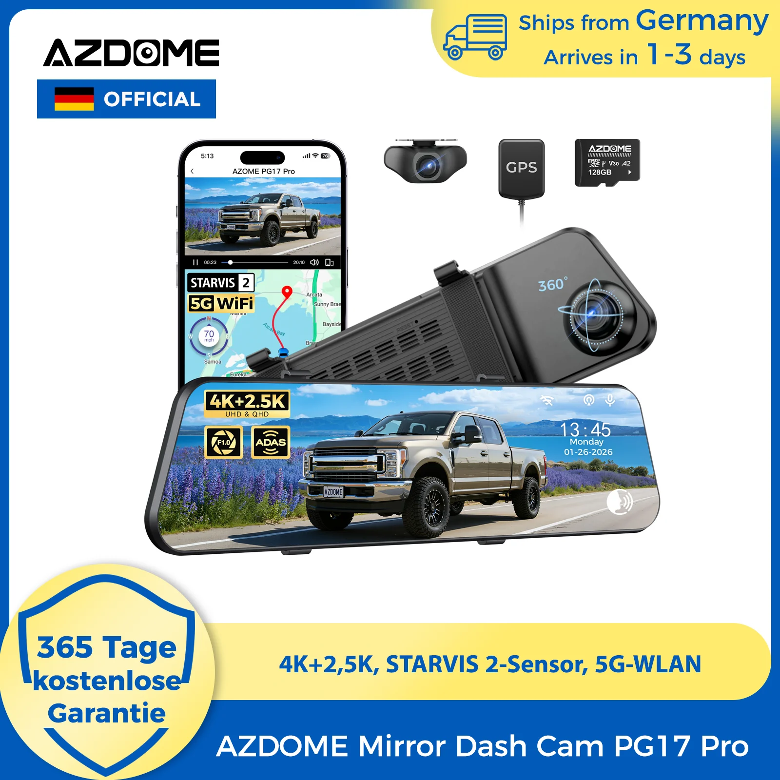 【DE Lager】AZDOME 4K+2.5K Spiegel-Dashcam PG17 Pro Dual HDR Rückspiegelkamera STARVIS2 Sensor 5G WiFi OTA-Upgrade Zeitleisten-Wiedergabe