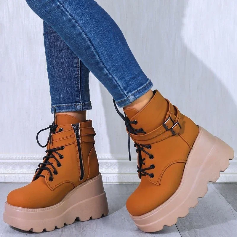 Women Punk Gothic Motorcycle Boots 2022 Platform Chunky High Heel Ankle Boot Ladies Cool Wedge Botas Mujer Female Shoes Big Size