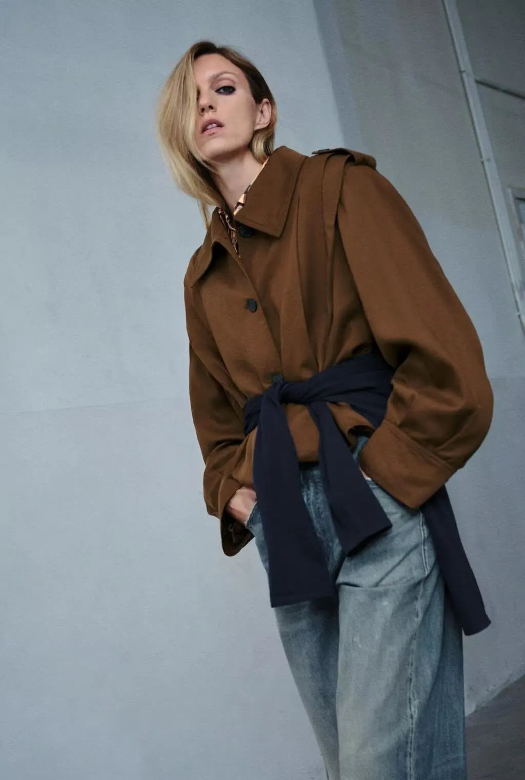 

BB6706 ZA25 Autumn New Women's Clothing Maillard pleated strap decoration lapel versatile coat 8091427