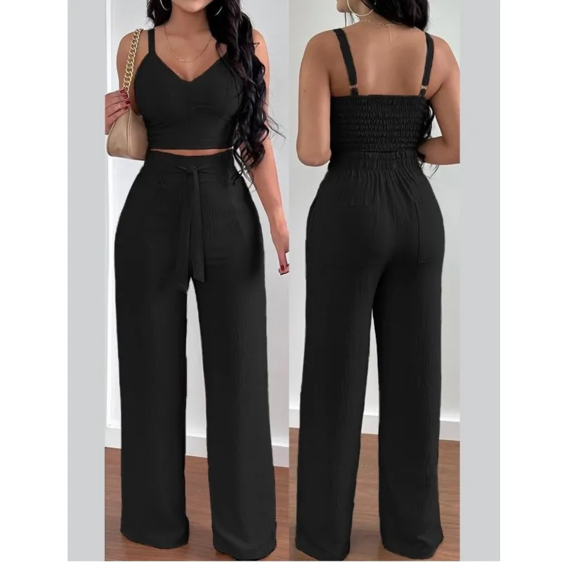 Women Sexy Pants Sets Outfits 2025 V-Neck Strap Shirred Slim Crop Top & Lace-up Wide Leg Pants Elegant Office Lady Sets Clothing