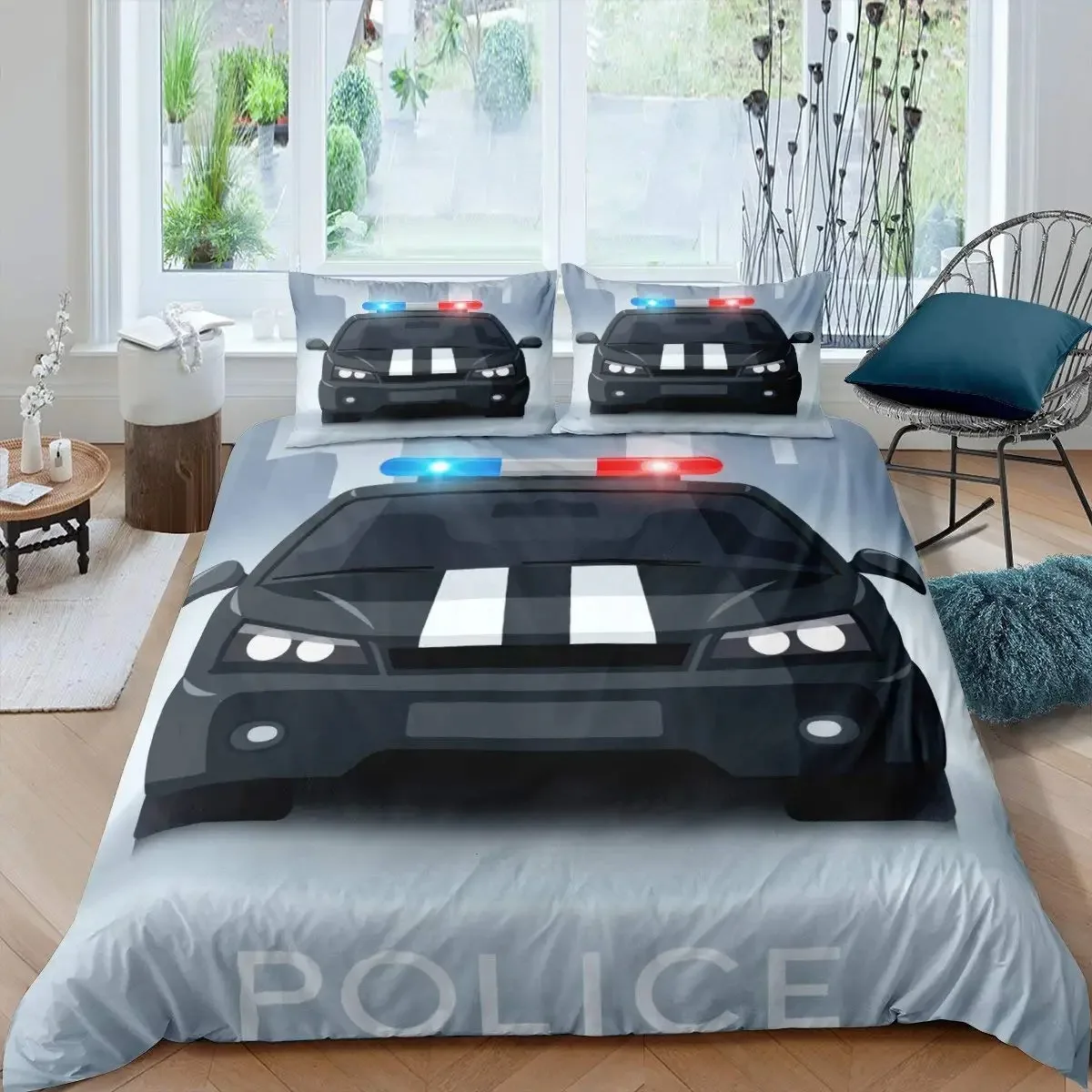 Police Car King Queen Duvet Cover Cartoon Car Bedding Set Kids Boys Blue Grey Emergency Responder Vehicles Polyester Quilt Cover