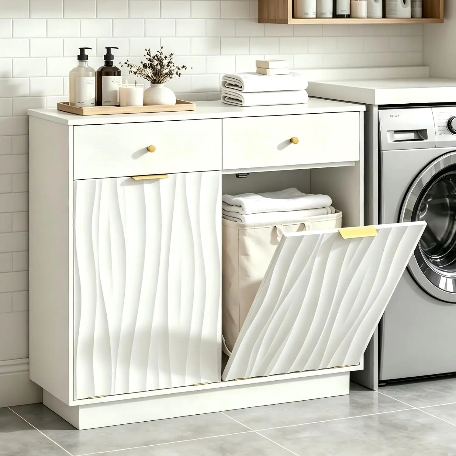 White Laundry Hamper Cabinet, Double Drawer Bathroom Storage Cabinets with Wavy Textured Doors, Freestanding Hidden, Customized
