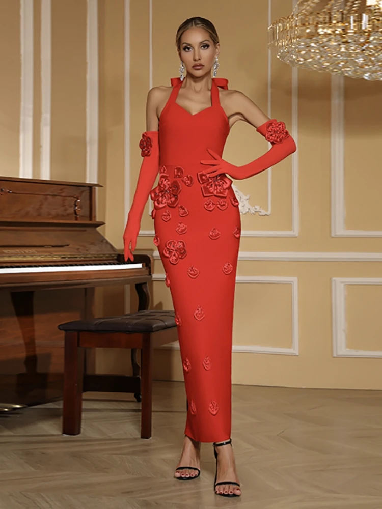 섹시한 홀터넥 3D 플라워 밴디지 드레스 (장갑 포함) 여성용 민소매 백리스 플로럴 바디콘 롱 드레스 이브닝 파티 정장