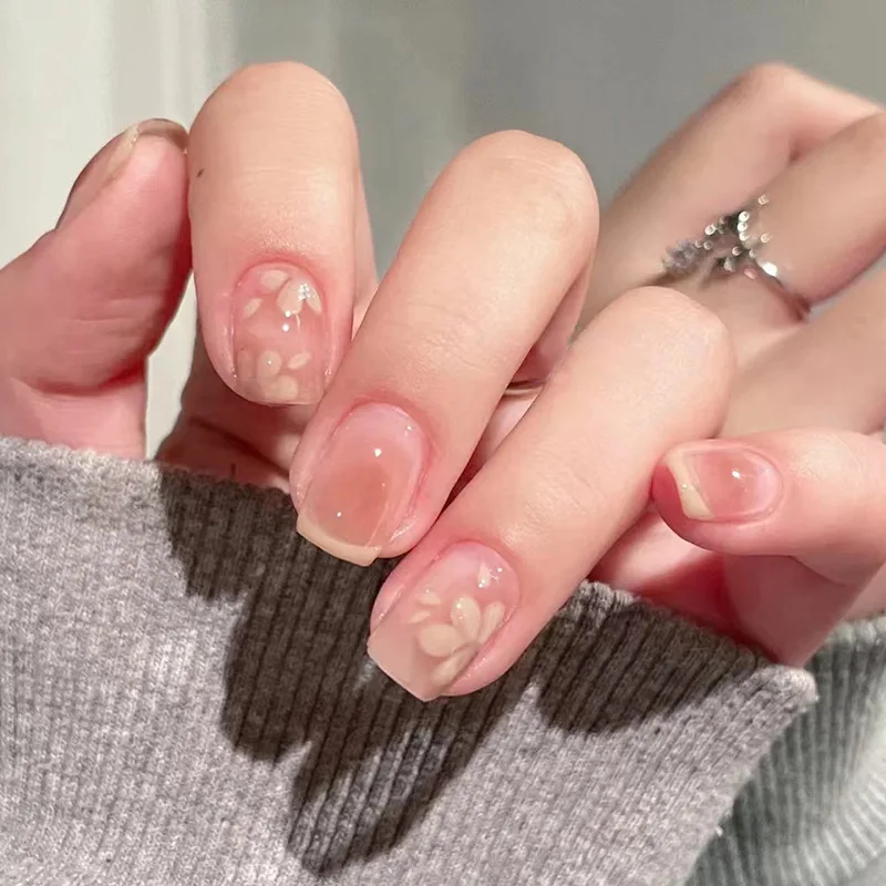 24Pcs Pink Fake Nails Flower Printed Short Square Press on Nails Sweet Wearable False Nails Tips for Women Girls DIY Manicure image 5