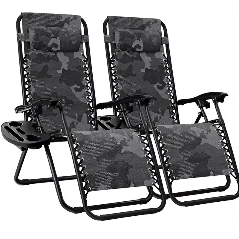 for Outdoor Adjustable Steel Mesh Zero Gravity Lounge Chair Recliner with Pillow Cup Holder Tray Camouflage Design