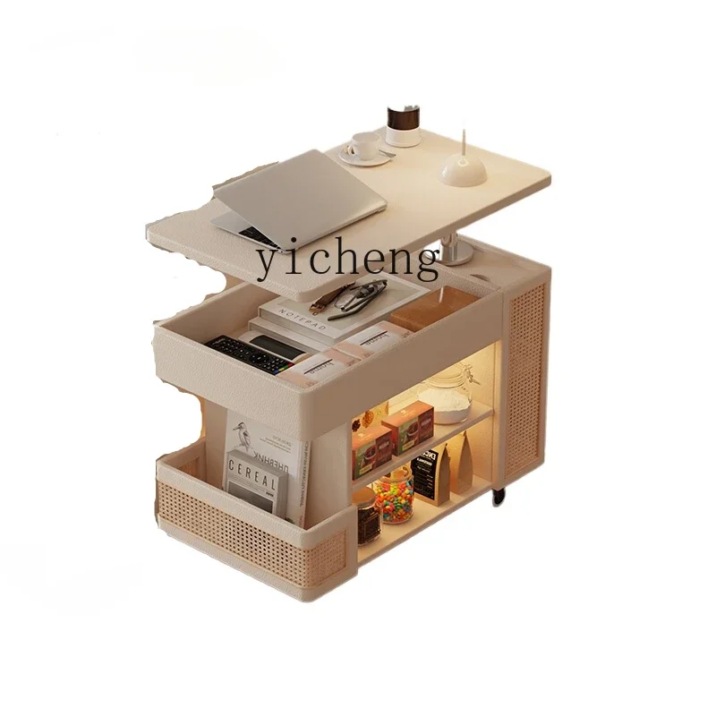 TQH Mobile Coffee Table Side Table one-body Small Apartment Household Living Room Sofa Next To The lift Storage Snack Rattan