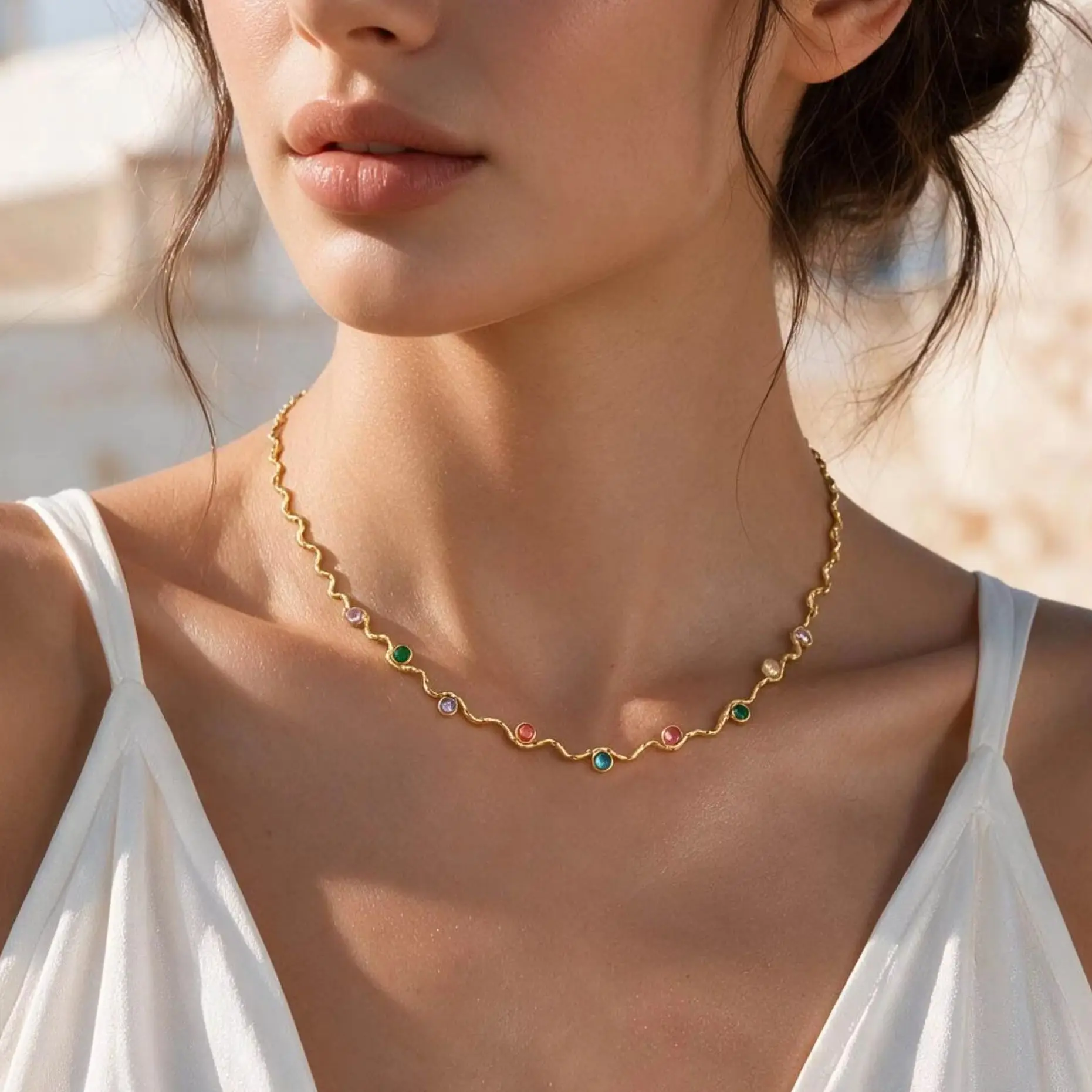 18K Gold Plated Exquisite Wave Chain Colorful Zircon Charm Necklace, Stainless Steel Fashion Bohemian Jewelry for Women Gift