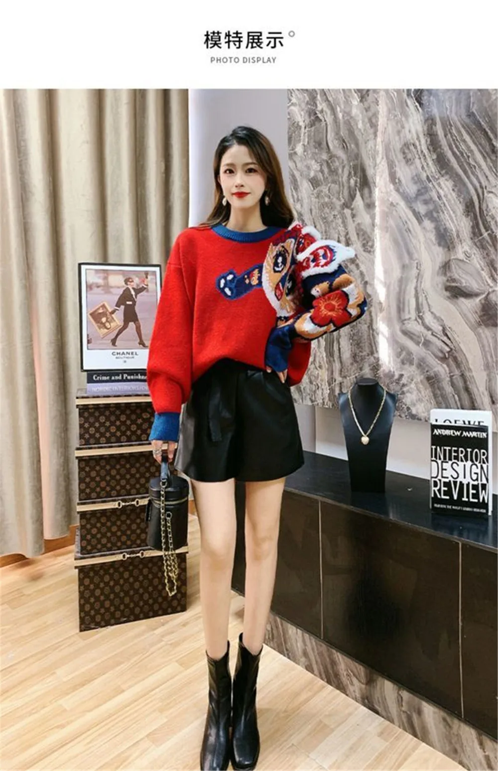 Sweater Cina baru sweter angin malas musim semi dan musim gugur mode celana pendek desain ceruk pakaian wanita