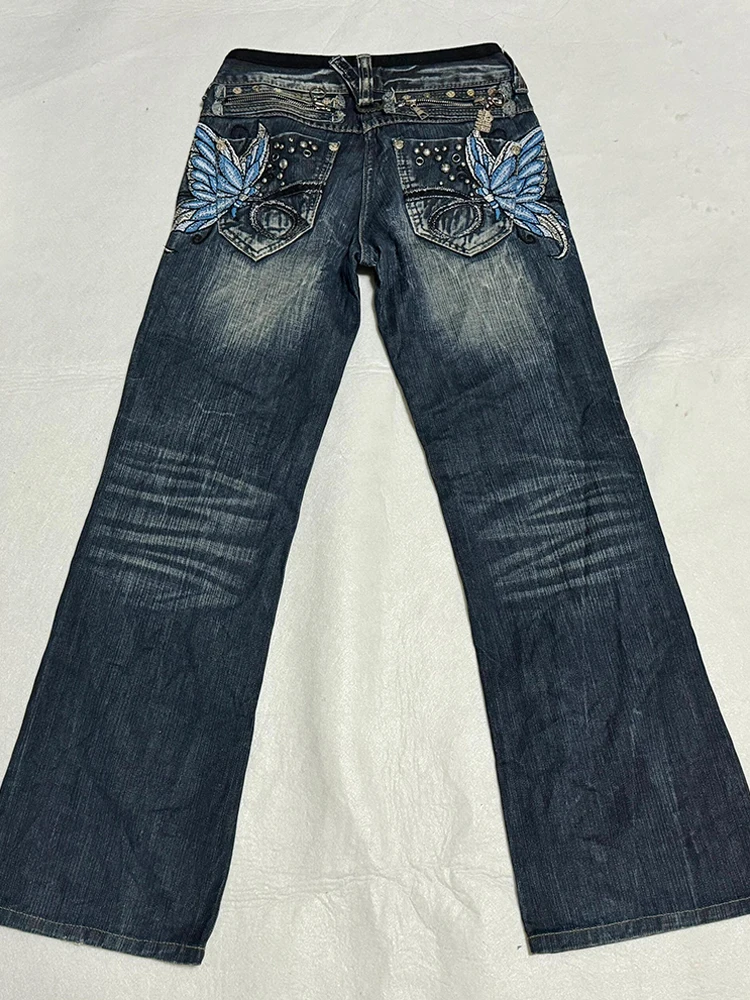 

American High Street Heavyweight Embroidery Low Waist Denim Pants Women Sexy Y2K Millennium Slim Micro Flared Long ...